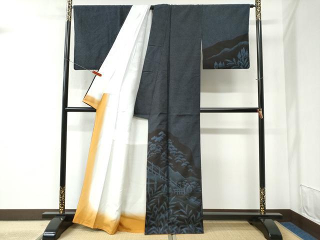平和屋着物●訪問着 紬地 遠山渡り橋樹林風景文 正絹 逸品 CABC6406yc