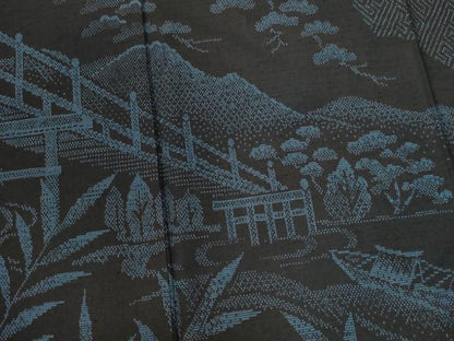 平和屋着物●訪問着 紬地 遠山渡り橋樹林風景文 正絹 逸品 CABC6406yc