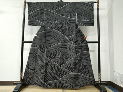 平和屋着物●上質な小紋 総絞り 立波文 黒地 正絹 逸品 CABC6411yc