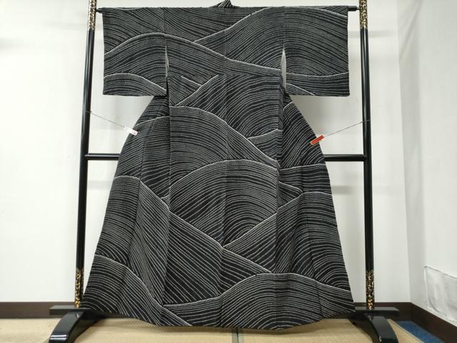 平和屋着物●上質な小紋 総絞り 立波文 黒地 正絹 逸品 CABC6411yc