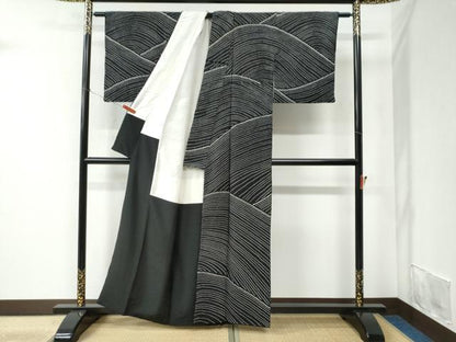 平和屋着物●上質な小紋 総絞り 立波文 黒地 正絹 逸品 CABC6411yc