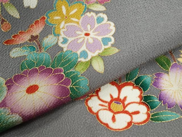 平和屋着物●訪問着 草花丸文 金彩 鬼しぼ縮緬 正絹 逸品 CABC6418yc