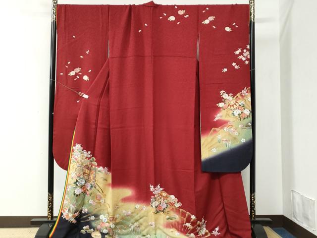 平和屋着物●豪華振袖 刺繍 十二単風 御所車貝合わせ花文 暈し染め 金彩 京都きもの友禅扱い 正絹 逸品 CABC6430yc