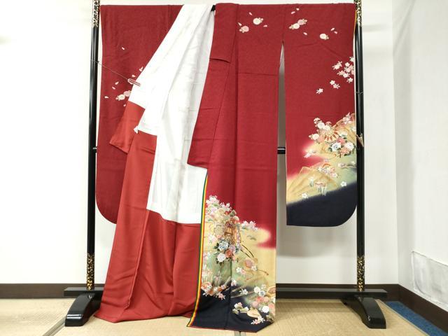 平和屋着物●豪華振袖 刺繍 十二単風 御所車貝合わせ花文 暈し染め 金彩 京都きもの友禅扱い 正絹 逸品 CABC6430yc