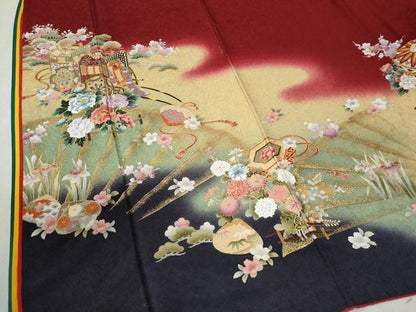 平和屋着物●豪華振袖 刺繍 十二単風 御所車貝合わせ花文 暈し染め 金彩 京都きもの友禅扱い 正絹 逸品 CABC6430yc