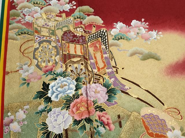 平和屋着物●豪華振袖 刺繍 十二単風 御所車貝合わせ花文 暈し染め 金彩 京都きもの友禅扱い 正絹 逸品 CABC6430yc