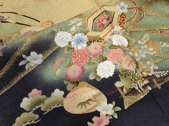 平和屋着物●豪華振袖 刺繍 十二単風 御所車貝合わせ花文 暈し染め 金彩 京都きもの友禅扱い 正絹 逸品 CABC6430yc