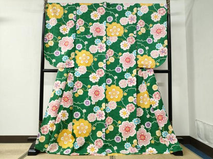 平和屋着物●小振袖 二尺袖 雪輪舞花文 洗える着物 未使用 CABC6445yc