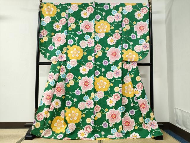 平和屋着物●小振袖 二尺袖 雪輪舞花文 洗える着物 未使用 CABC6445yc
