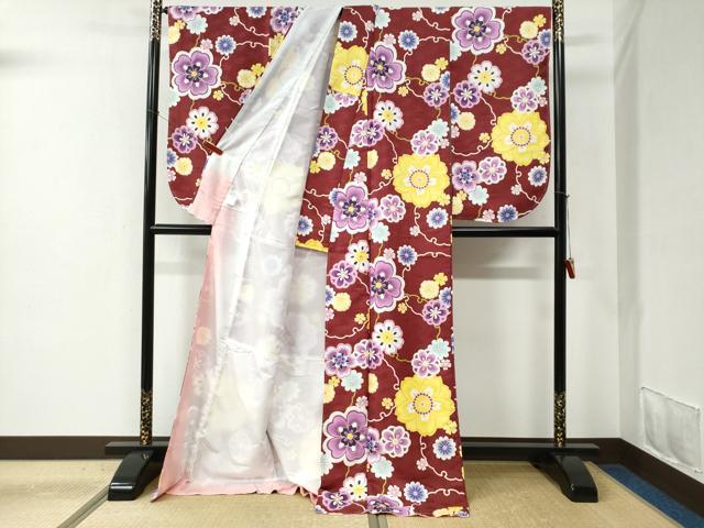 平和屋着物●小振袖 二尺袖 雪輪舞花文 洗える着物 未使用 CABC6456yc