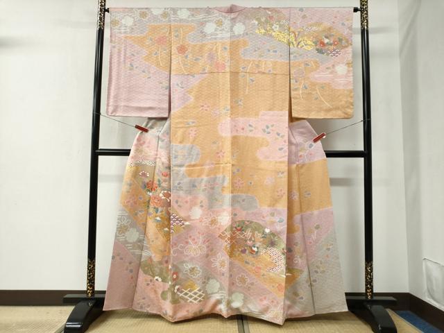 平和屋着物●訪問着 駒刺繍 絞り 牡丹吉祥花文 金彩 正絹 逸品 CABC6457yc