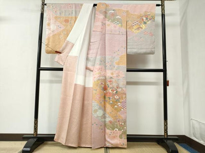 平和屋着物●訪問着 駒刺繍 絞り 牡丹吉祥花文 金彩 正絹 逸品 CABC6457yc