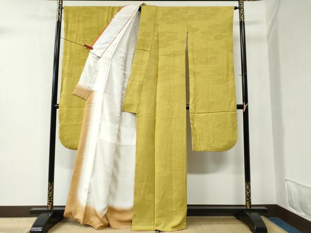 平和屋着物●豪華振袖 色無地 雲取り吉祥花地紋 芥子色 正絹 逸品 CABC6467yc