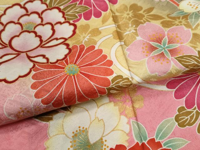 平和屋着物●豪華振袖 牡丹花蝶文 暈し染め 金彩 正絹 逸品 CABC6468yc