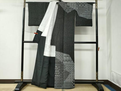 平和屋着物●訪問着 江戸小紋 北原寿永作 寄せ小紋柄 黒地 正絹 逸品 CABC6482yc