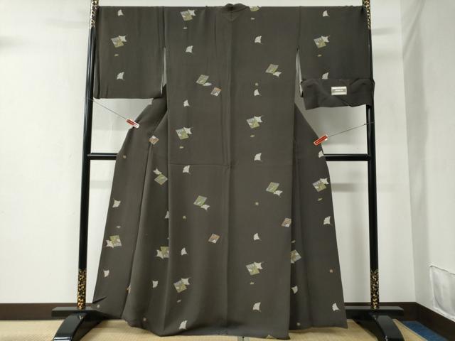 平和屋着物●上質な小紋 イチョウ 色紙牡丹花文 金彩 鬼しぼ縮緬 反端付き 正絹 逸品 CABC6487yc
