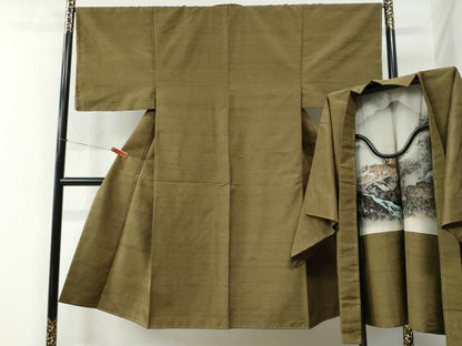 平和屋着物●男性 紬 アンサンブル 色無地 鶯茶色 羽裏：虎 正絹 逸品 未使用 CABC6489yc