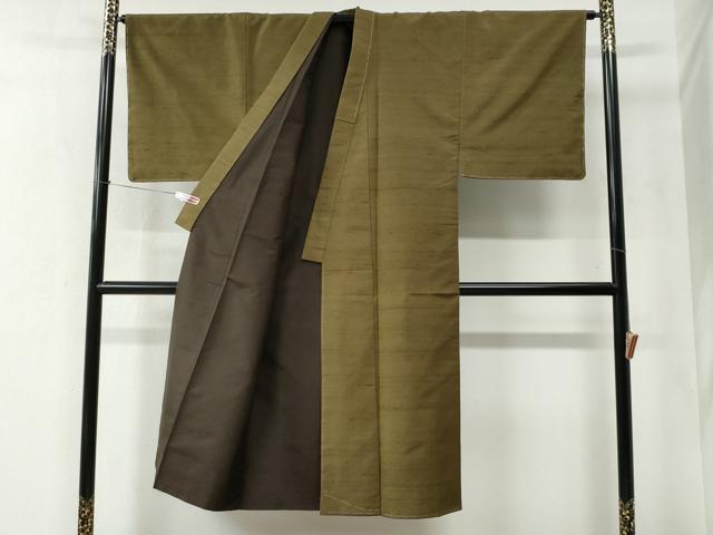 平和屋着物●男性 紬 アンサンブル 色無地 鶯茶色 羽裏：虎 正絹 逸品 未使用 CABC6489yc