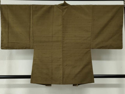 平和屋着物●男性 紬 アンサンブル 色無地 鶯茶色 羽裏：虎 正絹 逸品 未使用 CABC6489yc