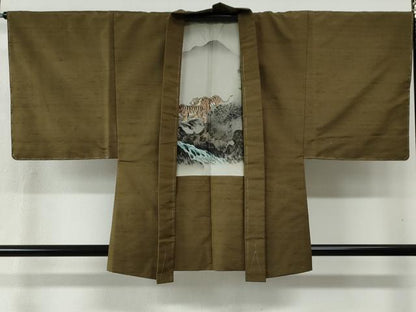 平和屋着物●男性 紬 アンサンブル 色無地 鶯茶色 羽裏：虎 正絹 逸品 未使用 CABC6489yc