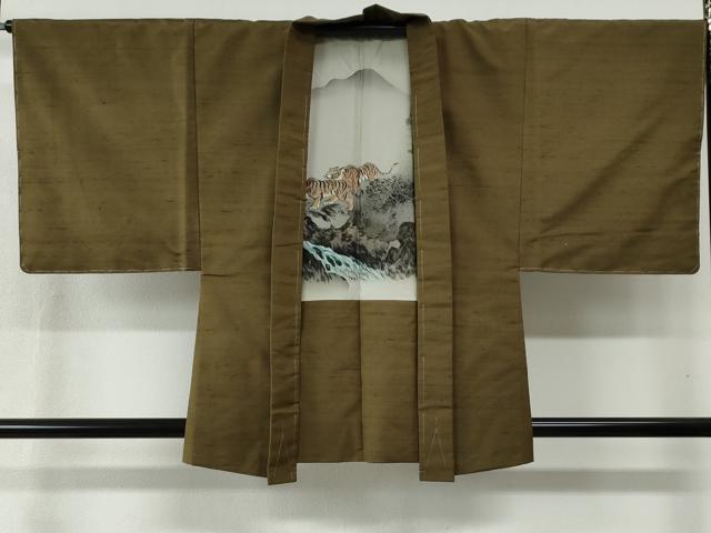 平和屋着物●男性 紬 アンサンブル 色無地 鶯茶色 羽裏：虎 正絹 逸品 未使用 CABC6489yc