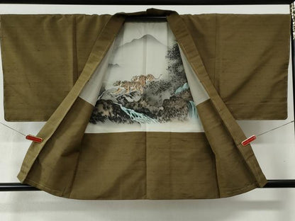 平和屋着物●男性 紬 アンサンブル 色無地 鶯茶色 羽裏：虎 正絹 逸品 未使用 CABC6489yc
