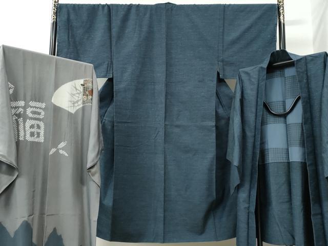 平和屋着物●男性 紬 アンサンブル・長襦袢セット 格子 正絹 逸品 未使用 CABC6492yc