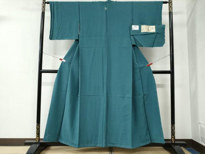平和屋着物●上質な色無地 堅牢染 京乃伝統染 青碧色 反端付き 正絹 逸品 未使用 CABC6494yc