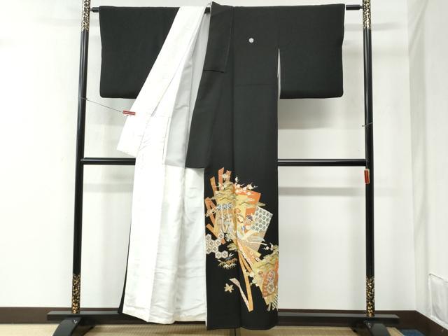 平和屋着物●創業460年・千總 黒留袖 駒刺繍 鬘帯色紙重ね鳳凰檜扇吉祥花文 金彩 正絹 逸品 CABC6515yc