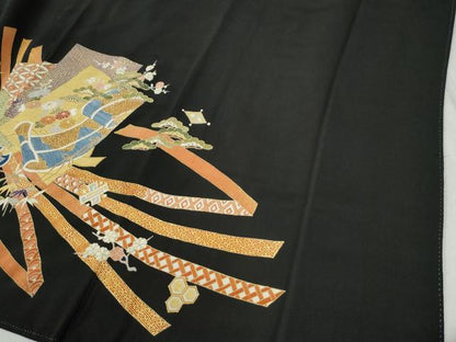 平和屋着物●創業460年・千總 黒留袖 駒刺繍 鬘帯色紙重ね鳳凰檜扇吉祥花文 金彩 正絹 逸品 CABC6515yc