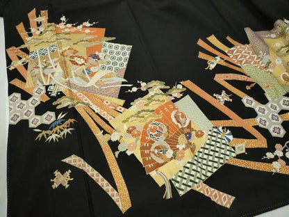 平和屋着物●創業460年・千總 黒留袖 駒刺繍 鬘帯色紙重ね鳳凰檜扇吉祥花文 金彩 正絹 逸品 CABC6515yc