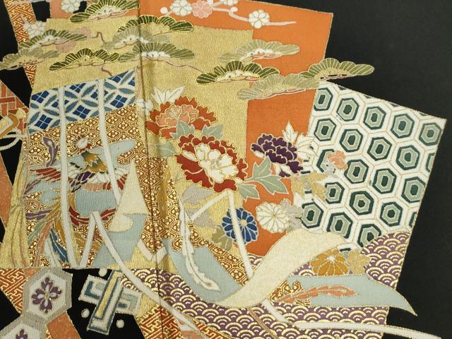 平和屋着物●創業460年・千總 黒留袖 駒刺繍 鬘帯色紙重ね鳳凰檜扇吉祥花文 金彩 正絹 逸品 CABC6515yc