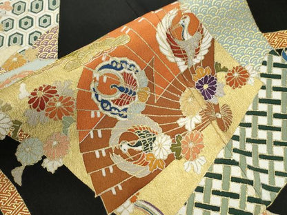 平和屋着物●創業460年・千總 黒留袖 駒刺繍 鬘帯色紙重ね鳳凰檜扇吉祥花文 金彩 正絹 逸品 CABC6515yc