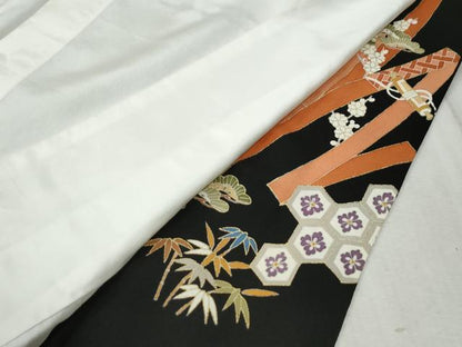 平和屋着物●創業460年・千總 黒留袖 駒刺繍 鬘帯色紙重ね鳳凰檜扇吉祥花文 金彩 正絹 逸品 CABC6515yc