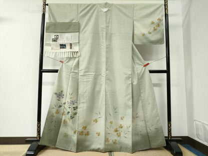 平和屋着物●訪問着 栗繭紬 作家物 枝花文 金彩 反端付き 正絹 逸品 未使用 CABC6516yc