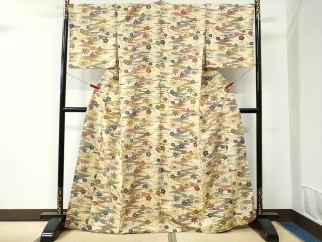 平和屋着物●上質な小紋　紬地　型染め　楓吉祥花唐草文　正絹　逸品　CABC6524yc