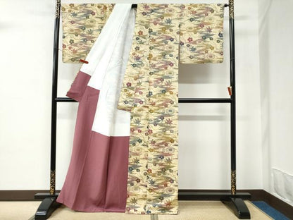 平和屋着物●上質な小紋　紬地　型染め　楓吉祥花唐草文　正絹　逸品　CABC6524yc