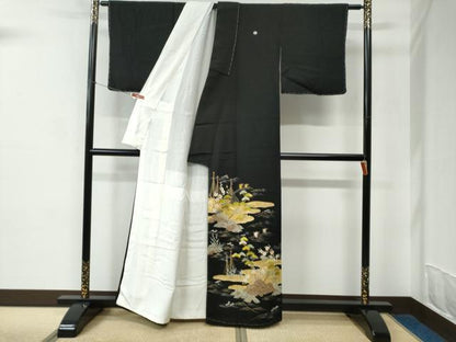 平和屋着物●豪華黒留袖　刺繍　霞浜松帆船花文　金糸　正絹　逸品　未使用　CABC6526yc