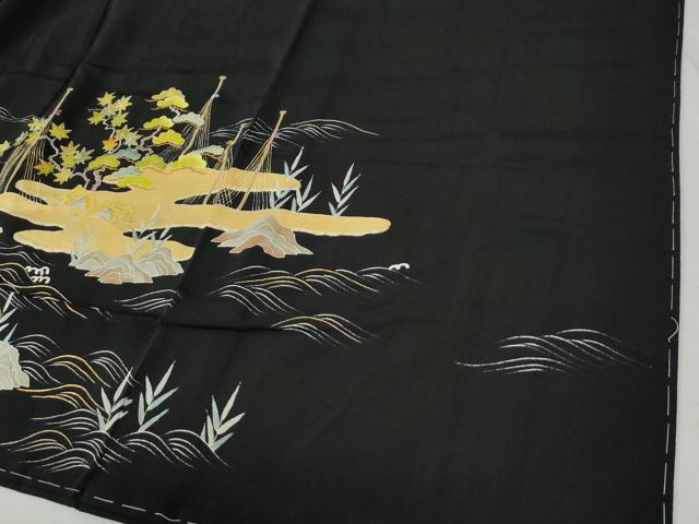 平和屋着物●豪華黒留袖　刺繍　霞浜松帆船花文　金糸　正絹　逸品　未使用　CABC6526yc