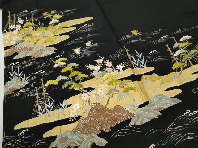 平和屋着物●豪華黒留袖　刺繍　霞浜松帆船花文　金糸　正絹　逸品　未使用　CABC6526yc