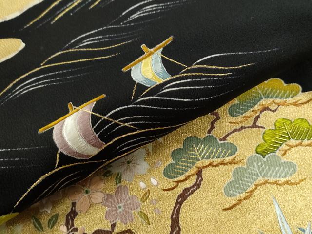 平和屋着物●豪華黒留袖　刺繍　霞浜松帆船花文　金糸　正絹　逸品　未使用　CABC6526yc