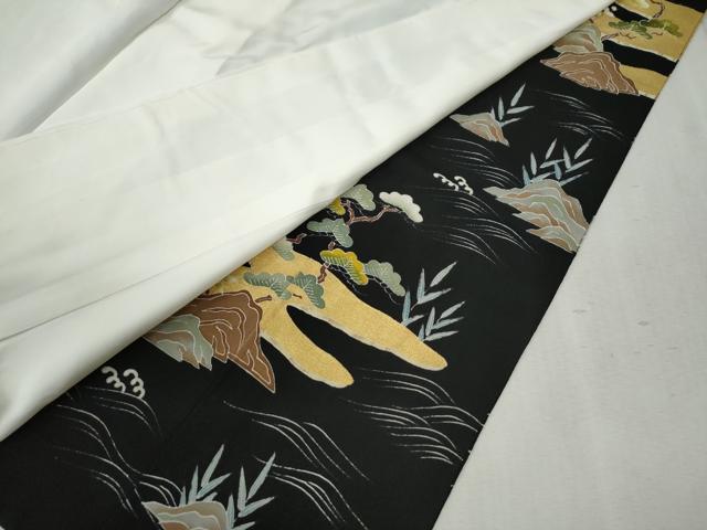 平和屋着物●豪華黒留袖　刺繍　霞浜松帆船花文　金糸　正絹　逸品　未使用　CABC6526yc