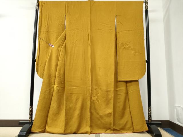 平和屋着物●中国三大刺繍　スワトウ刺繍　総刺繍　振袖　網目花車文　山吹茶色　正絹　逸品　CABC6542yc