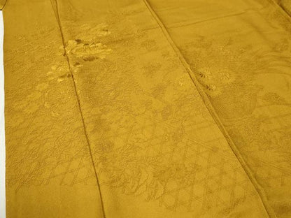 平和屋着物●中国三大刺繍　スワトウ刺繍　総刺繍　振袖　網目花車文　山吹茶色　正絹　逸品　CABC6542yc