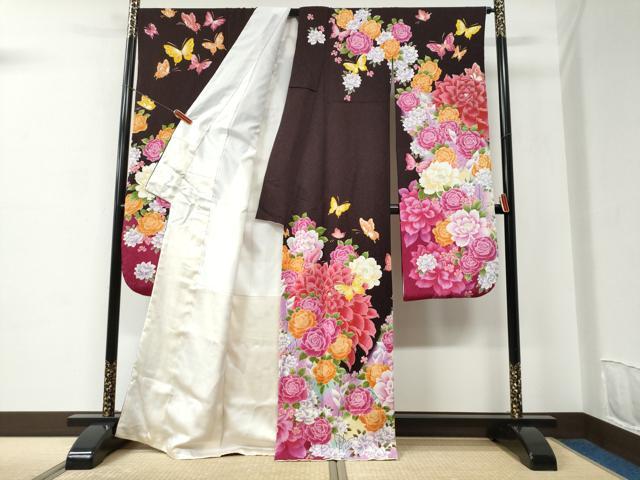 平和屋着物●豪華振袖　薔薇　蝶　ラインストーン　暈し染め　銀通し地　正絹　逸品　CABC6544yc