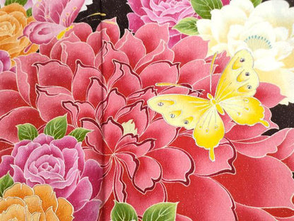 平和屋着物●豪華振袖　薔薇　蝶　ラインストーン　暈し染め　銀通し地　正絹　逸品　CABC6544yc