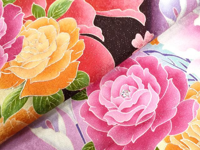 平和屋着物●豪華振袖　薔薇　蝶　ラインストーン　暈し染め　銀通し地　正絹　逸品　CABC6544yc