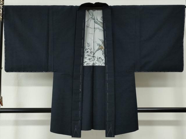 平和屋着物●男性 紬 髭紬羽織セット 色無地 濃紺地 正絹 逸品 未使用 CABC6548yc