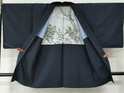 平和屋着物●男性 紬 髭紬羽織セット 色無地 濃紺地 正絹 逸品 未使用 CABC6548yc