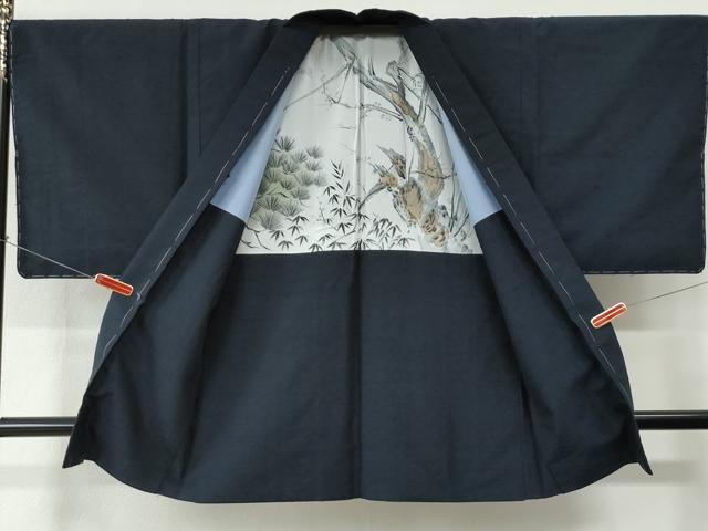 平和屋着物●男性 紬 髭紬羽織セット 色無地 濃紺地 正絹 逸品 未使用 CABC6548yc